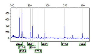 Example of AFLP data from a capillary electrophoresis instrument Electropherogram trace.jpg