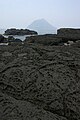 南原千畳敷海岸の網目状の玄武岩質溶岩。奥は八丈小島