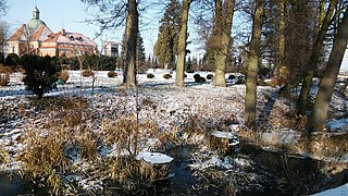 Czerwony Rów przepływający przez park przyklasztorny