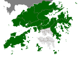 En vert, les Nouveaux Territoires, passés sous bail anglais de 99 ans en 1898. Les densités urbaines sont variables, et la région est en expansion démographique.