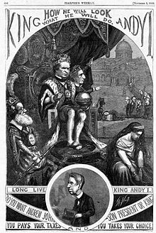 Caricature de Johnson représenté en roi avec une couronne, un sceptre et un trône. Devant lui se trouve l'allégorie de la Liberté en pleurs et enchainée tandis qu'à l'arrière-plan est visible une longue file de personnages attendant leur décapitation à la hache.