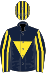 Dark blue, yellow inverted triangle, striped sleeves and cap