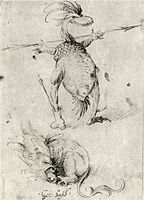 front: Two monsters, one of which carries an arrow. 1470-1516. rysunek piórem i brązowy atrament na papierze. 16,3 × 11,7 cm. Berlëno, Kupferstichkabinett.