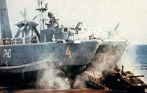 A PT-76 tank emerges from an Aist-class LCAC