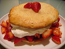 Strawberry shortcake is a strawberry dish. Strawberry shortcake on white plate, March 2009.jpg