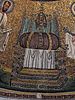 The empty throne with cushion, crux gemmata and cloth, flanked by Saints Peter and Paul