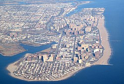 Viewed from the air; the Coney Island neighborhood occupies the western end of the Coney Island peninsula. ConeyIslandAerial.jpg