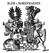 Wappen mit Schildhaltern, zwei roten Füchsen