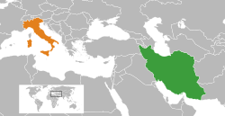 Map indicating locations of Iran and Italy