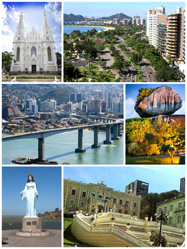 Do topo, em sentido horário: Catedral Metropolitana; vista da avenida Saturnino de Brito; Parque Pedra da Cebola; Palácio Anchieta; Píer de Iemanjá na Praia de Camburi e Terceira Ponte.