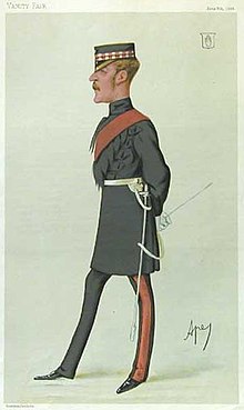 Full-length caricature of Gordon-Summing, pictured in profile and in uniform