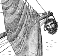 Image 39Blackbeard's severed head hanging from Maynard's bowsprit; illustration from The Pirates Own Book (1837) (from Piracy)