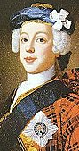 Jakobitterhelten «Bonnie Prince Charlie» (1720–1788) med hvit kokarde i lua og jakobittenes blå bånd.