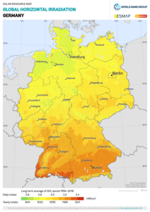 Map of average solar radiation in Germany. For most of the country annual average values are in between 1100 and 1300 kWh per square metre.