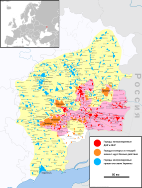 Červeně stav separatistického území před ofenzivou, bíle území kudy začala vést ofenziva separatistů.