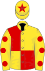 Yellow and red (quartered), yellow sleeves, red spots, yellow cap, red star