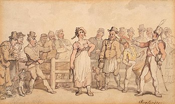 A colour illustration of a market scene. A woman is attached to one of 13 men, who stand on either side of a wooden fence, looking at her with various expressions of glee on their faces. A drummer boy, in military costume, beats a large drum. Two dogs stand in the dirt. One of the men holds what appears to be a mug of ale. The woman stands proudly, one arm bent toward her waist, and has a smirk on her face. To the extreme right, in the back of the scene, another woman appears shocked by the drama before her.