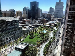 Salesforce Park and bus bridge, seen from Salesforce Tower