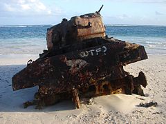 "WTF?" spray painted on the rear of a Sherman tank left over from U.S. military shelling practice