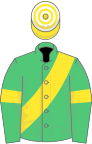 Emerald green, yellow sash and armlets, yellow and white hooped cap