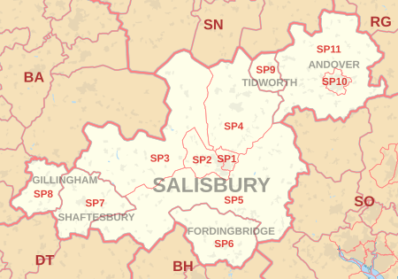 SP postcode area map, showing postcode districts, post towns and neighbouring postcode areas.