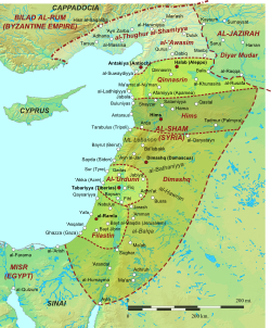 Geophysical map of the Levant, with major cities and boundaries of the early Islamic provinces marked