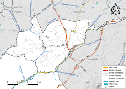 Carte en couleur présentant le réseau hydrographique de la commune