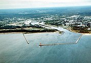 Aerial view of Manistique showing Manistique River