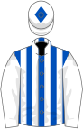 Royal blue and white stripes, white sleeves, white cap, royal blue diamond