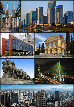 Mga Larawan, mula sa taas, kaliwa pakanan: Octavio Frias de Oliveira bridge, São Paulo Skyline, Ibirapuera Park, São Paulo Museum of Art; São Paulo Cathedral; Brooklin district with office buildings alongside the Pinheiros River.