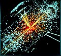 Image 19One possible signature of a Higgs boson from a simulated proton–proton collision. It decays almost immediately into two jets of hadrons and two electrons, visible as lines. (from History of physics)