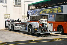 The chassis of an Alexander Dennis Enviro500 double-decker bus on display in Hong Kong E500 chassis (5716091356).jpg