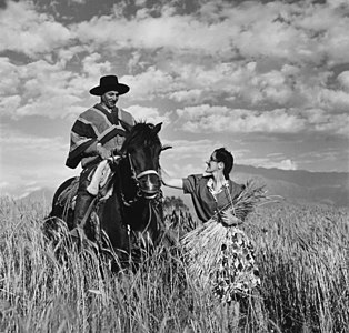 Señora Maria Vial de Prieto acaricia el caballo Pirque, en un campo de trigo en Chile (1940).