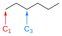 Structuurformule van hexaan met nummering van de koolstofatomen.