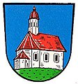 Gemeinde Heuchelheim In Blau auf grünem Boden eine silberne Kirche mit Dachreiter und roten Dächern.[36]