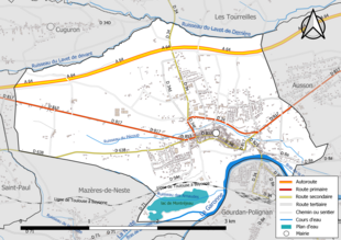 Carte en couleur présentant le réseau hydrographique de la commune