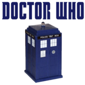 Doctor Who in lettering with blue police box graphic