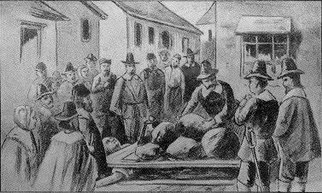 Peine forte et dure appliquée à l'encontre de Giles Corey lors du procès des sorcières de Salem