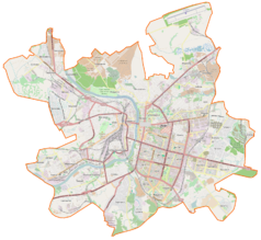 Mapa konturowa Witebska, blisko centrum na lewo znajduje się punkt z opisem „Kościół ewangelicko-augsburski w Witebsku”