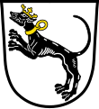 Markt Burgwindheim In Silber ein aufspringender golden gekrönter schwarzer Windhund mit goldenem Halsband.[6]