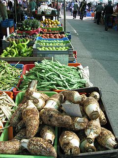 Wednesday vegetable market in Nicosia; the root vegetable in the foreground is kolokasi. 2012 market Nicosia Cyprus 8160936110.jpg