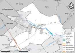 Carte en couleur présentant le réseau hydrographique de la commune