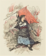 Illustration représentant une femme, devant une barricade et un bâtiment en feu, tenant un drapeau rouge et une torche enflammée.