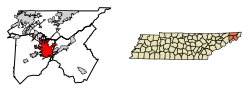 Location of Johnson City in Carter, Sullivan and Washington Counties, Tennessee.