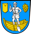 Gemeinde Reckendorf In Blau ein goldenes Boot, darin stehend ein silberner Fährmann mit silberner Ruderstange in der rechten Hand; im rechten Obereck ein goldener Ziegel, im linken Obereck eine goldene Hopfenblüte.[24]