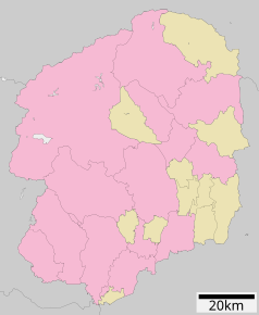 Mapa konturowa Tochigi, blisko centrum na dole znajduje się punkt z opisem „Kanuma”