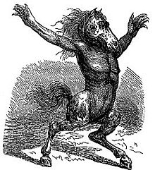 Gravure représentant une créature à tête de cheval, à buste d'homme et à jambes et queue de cheval.
