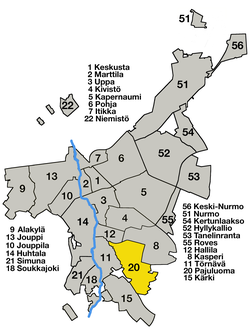 Kaupungin kartta, jossa Pajuluoma korostettuna.