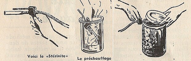 Trois croquis se succèdent : à gauche, une main tient le manche de l'appareil, le tuyau d'où la vapeur doit sortir étant à l'horizontal ; au centre la main plonge l'appareil jusqu'au fond d'un bocal transparent, vide, pour le préchauffage ; à droite, l'appareil est introduit à l'horizontale sous le couvercle presque complètement rabattu sur le bocal rempli d'aliment.