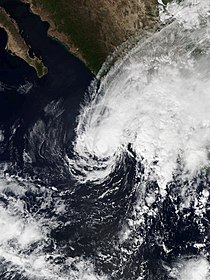 Satellite image of Tropical Storm Xavier at its peak intensity near western Mexico on November 4